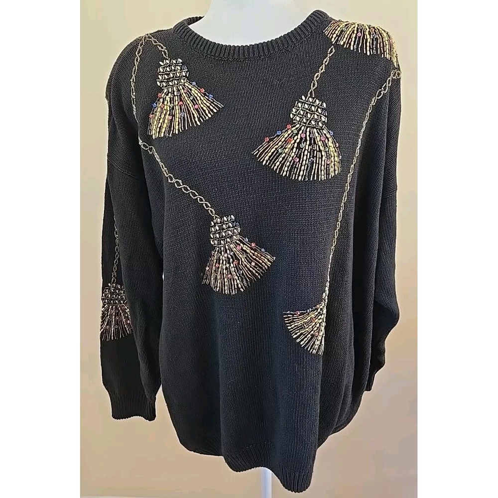 VTG Victoria Woman's Holiday Sweater Beaded Tassel Design Ramie/Cotton 2X Black